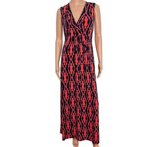 SUSAN LAWRENCE  Navy and Coral Patterned Sleeveless V-Neck Maxi Dress Size Small